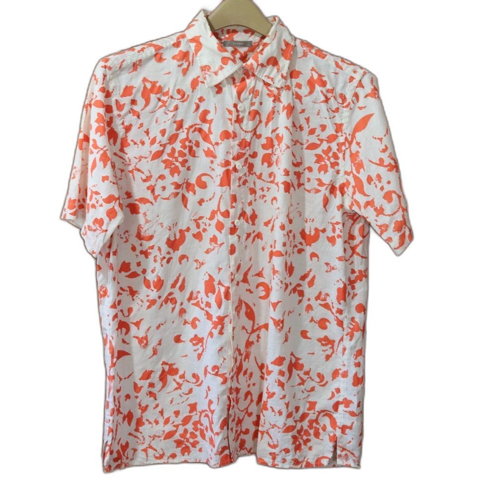 Flume Orange and White Floral Casual Button Down Shirt Linen LG